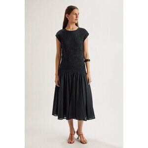 Merlette Stijl Midi Dress Drop Waist Smocked Cap Sleeve Cotton Black M 282526